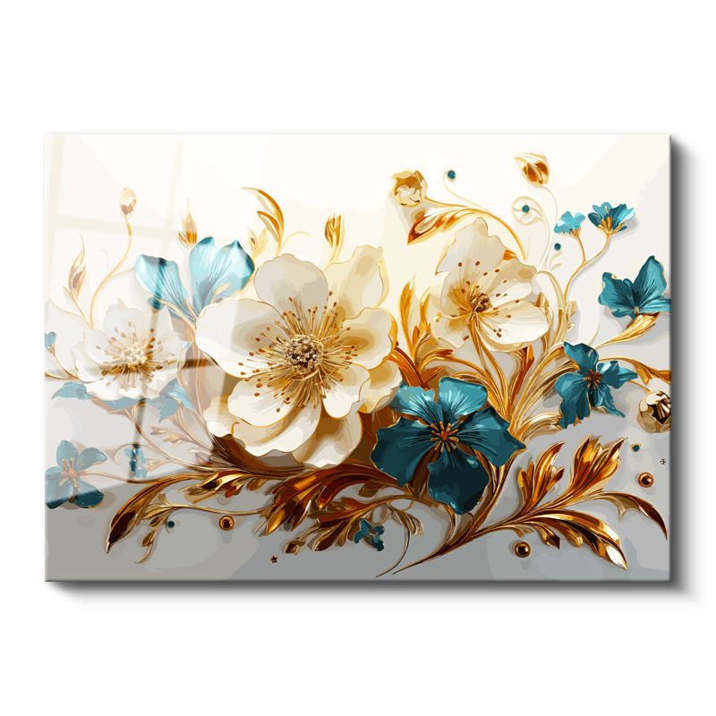 Tamperli Gerçek Cam Tablo Altın Vurgulu Beyaz Çiçekler Çiçek Tablosu Duvar Dekoru