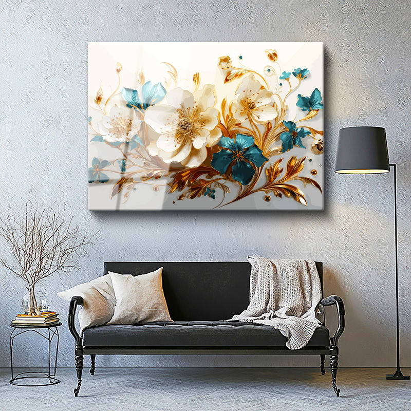 Tamperli Gerçek Cam Tablo Altın Vurgulu Beyaz Çiçekler Çiçek Tablosu Duvar Dekoru