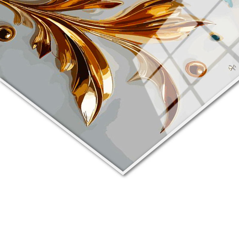 Tamperli Gerçek Cam Tablo Altın Vurgulu Beyaz Çiçekler Çiçek Tablosu Duvar Dekoru