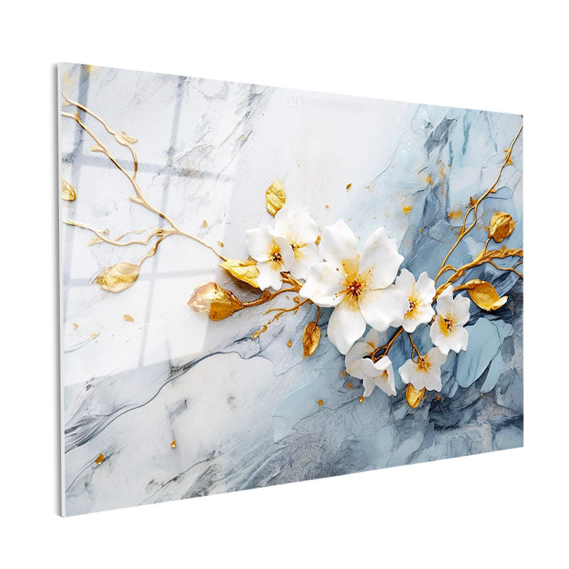 Tamperli Gerçek Cam Tablo Beyaz Bahar Dalı İllüstrasyonu Çiçek Tablosu Duvar Dekoru