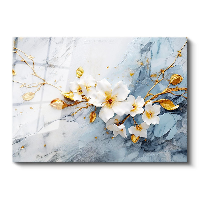 Tamperli Gerçek Cam Tablo Beyaz Bahar Dalı İllüstrasyonu Çiçek Tablosu Duvar Dekoru