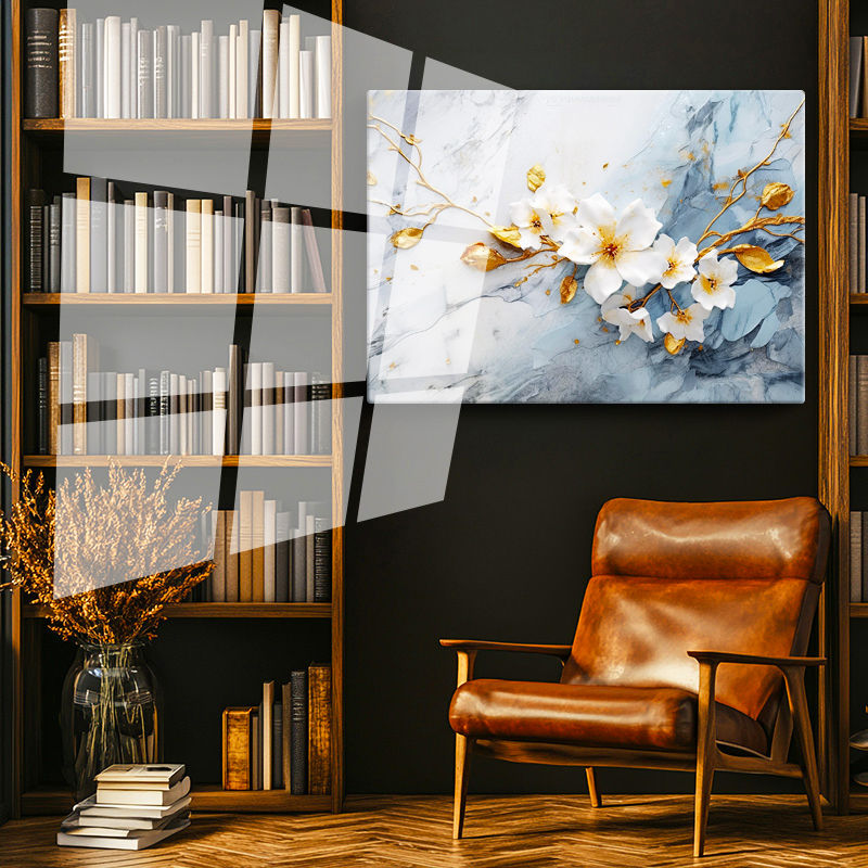 Tamperli Gerçek Cam Tablo Beyaz Bahar Dalı İllüstrasyonu Çiçek Tablosu Duvar Dekoru