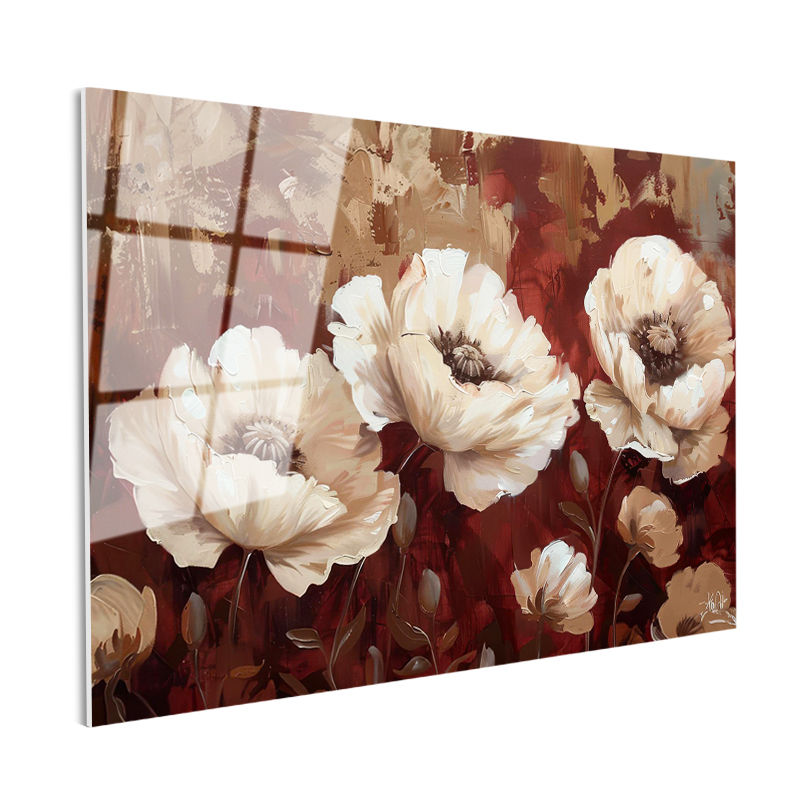 Tamperli Gerçek Cam Tablo Yağlı Boya Görünümlü Beyaz Çiçek Çiçek Tablosu Duvar Dekoru