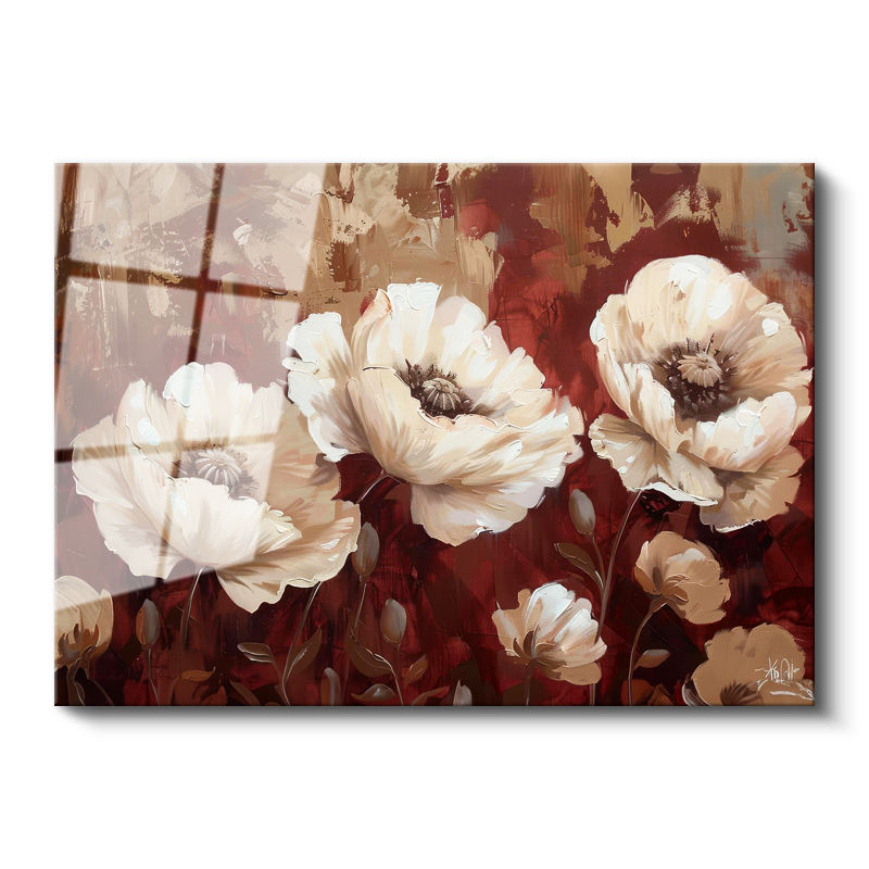 Tamperli Gerçek Cam Tablo Yağlı Boya Görünümlü Beyaz Çiçek Çiçek Tablosu Duvar Dekoru