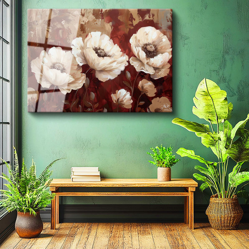 Tamperli Gerçek Cam Tablo Yağlı Boya Görünümlü Beyaz Çiçek Çiçek Tablosu Duvar Dekoru