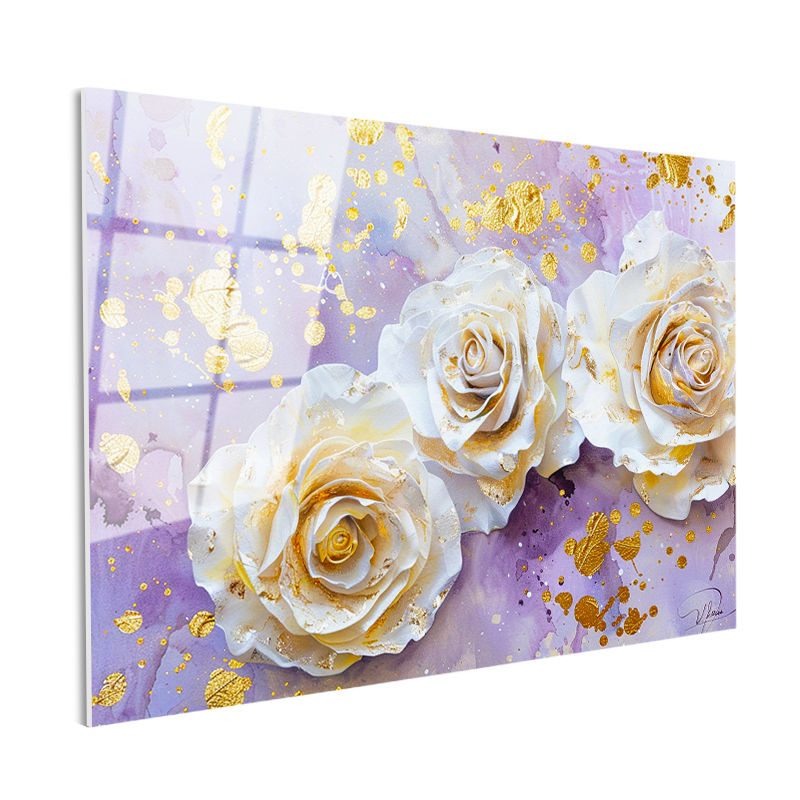 Tamperli Gerçek Cam Tablo Altın Yaldız Görünümlü Güller Çiçek Tablosu Duvar Dekoru
