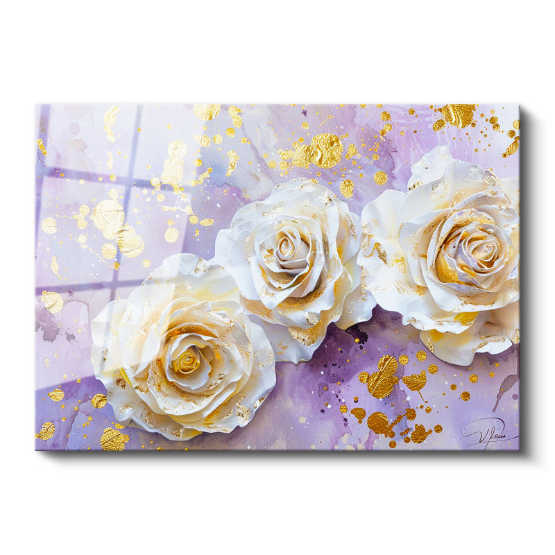 Tamperli Gerçek Cam Tablo Altın Yaldız Görünümlü Güller Çiçek Tablosu Duvar Dekoru