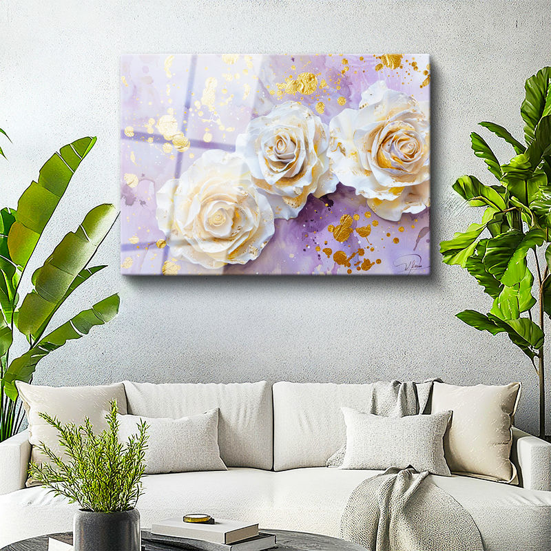 Tamperli Gerçek Cam Tablo Altın Yaldız Görünümlü Güller Çiçek Tablosu Duvar Dekoru