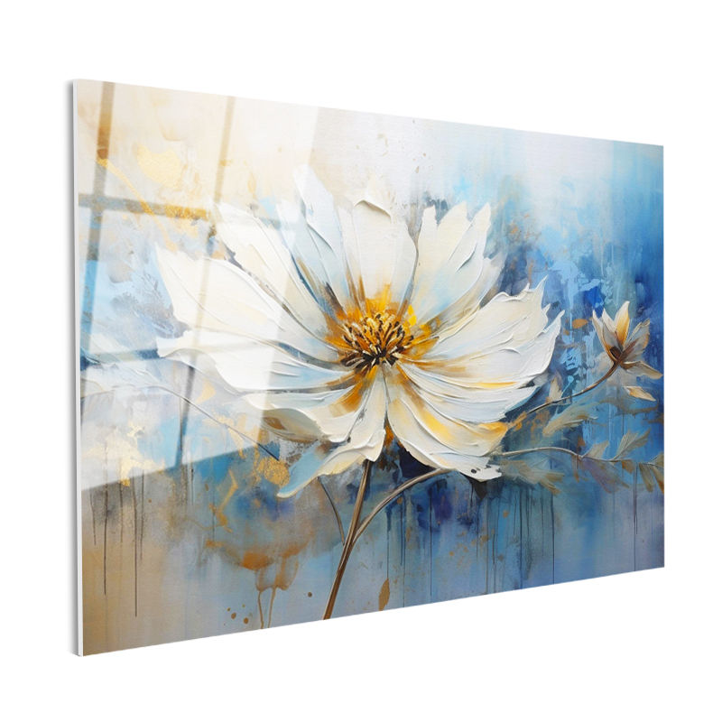 Tamperli Gerçek Cam Tablo Fırça Darbesi Etkili Beyaz Çiçek Çiçek Tablosu Duvar Dekoru