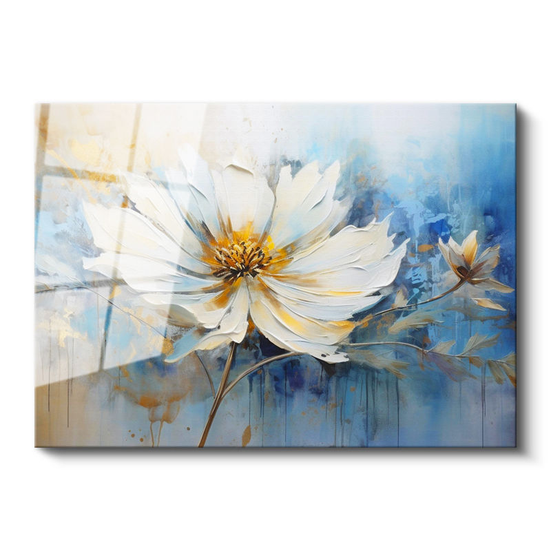 Tamperli Gerçek Cam Tablo Fırça Darbesi Etkili Beyaz Çiçek Çiçek Tablosu Duvar Dekoru