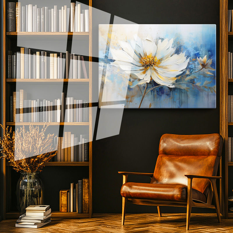 Tamperli Gerçek Cam Tablo Fırça Darbesi Etkili Beyaz Çiçek Çiçek Tablosu Duvar Dekoru