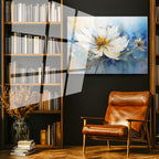 Tamperli Gerçek Cam Tablo Fırça Darbesi Etkili Beyaz Çiçek Çiçek Tablosu Duvar Dekoru