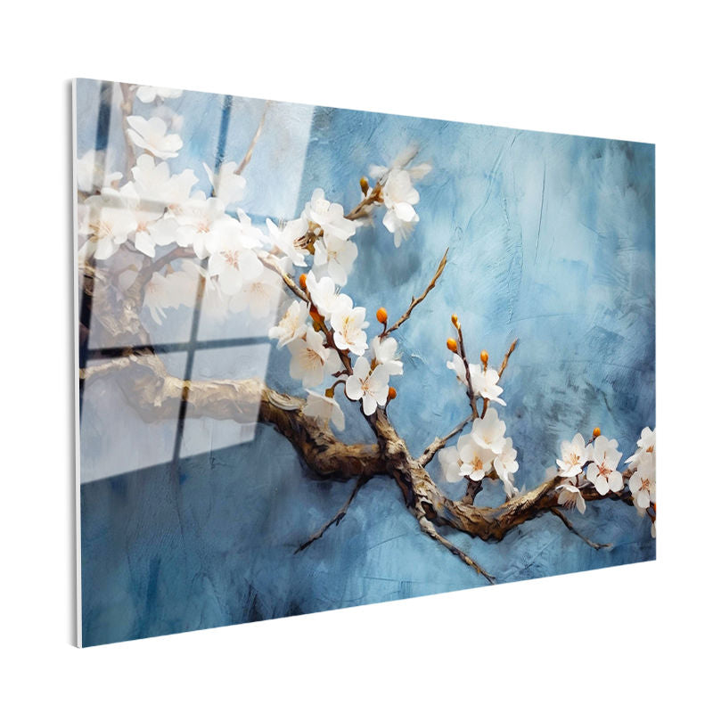 Tamperli Gerçek Cam Tablo Yağlı Boya Dokulu Kiraz Çiçeği Çiçek Tablosu Duvar Dekoru