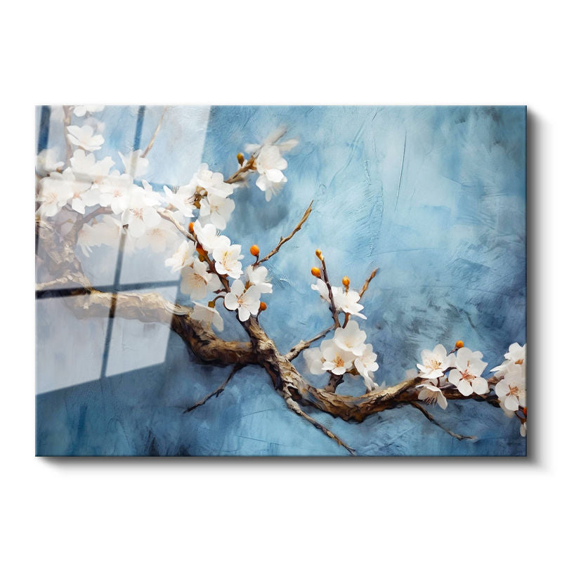 Tamperli Gerçek Cam Tablo Yağlı Boya Dokulu Kiraz Çiçeği Çiçek Tablosu Duvar Dekoru