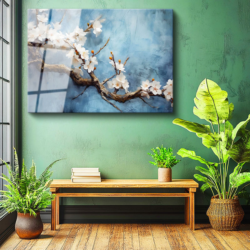 Tamperli Gerçek Cam Tablo Yağlı Boya Dokulu Kiraz Çiçeği Çiçek Tablosu Duvar Dekoru