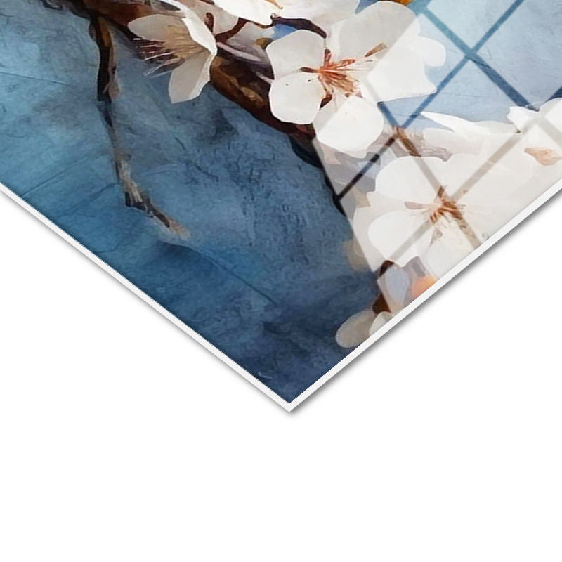 Tamperli Gerçek Cam Tablo Yağlı Boya Dokulu Kiraz Çiçeği Çiçek Tablosu Duvar Dekoru