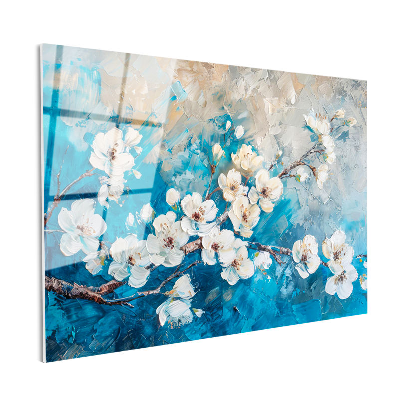 Tamperli Gerçek Cam Tablo Fırça Darbeli Bahar Çiçekleri Çiçek Tablosu Duvar Dekoru