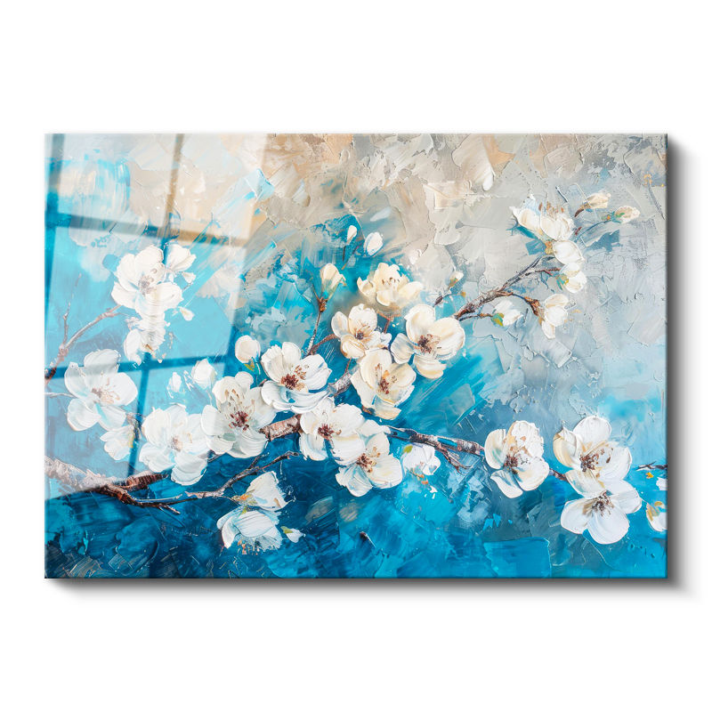 Tamperli Gerçek Cam Tablo Fırça Darbeli Bahar Çiçekleri Çiçek Tablosu Duvar Dekoru