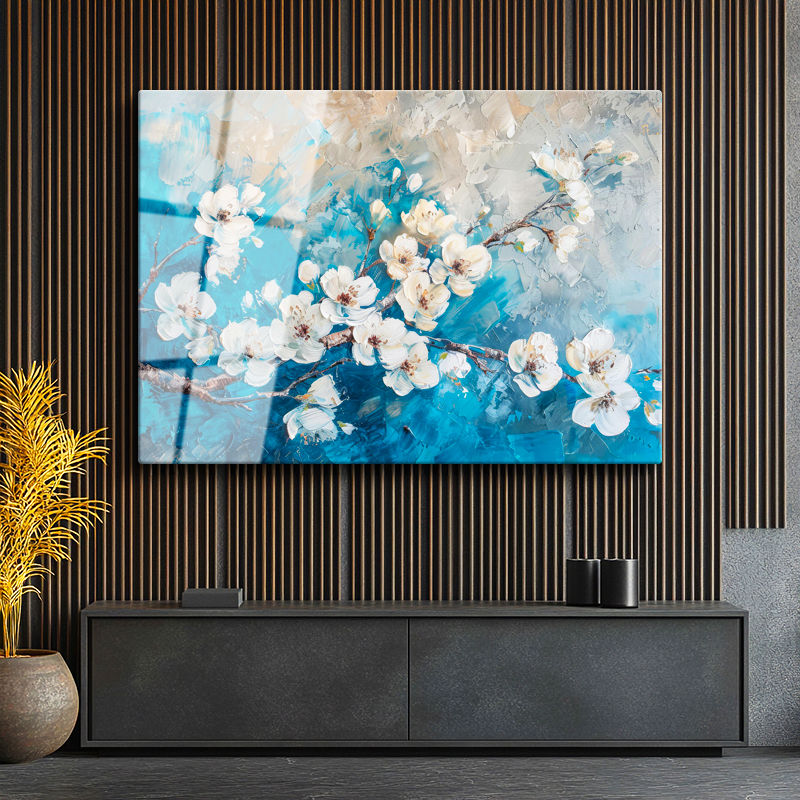 Tamperli Gerçek Cam Tablo Fırça Darbeli Bahar Çiçekleri Çiçek Tablosu Duvar Dekoru