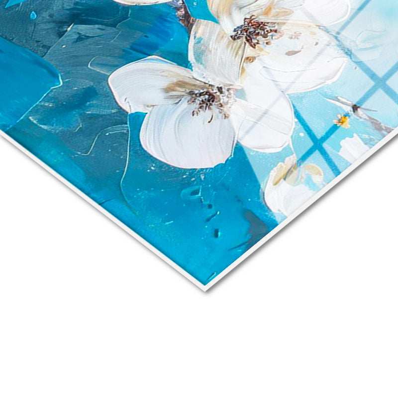 Tamperli Gerçek Cam Tablo Fırça Darbeli Bahar Çiçekleri Çiçek Tablosu Duvar Dekoru