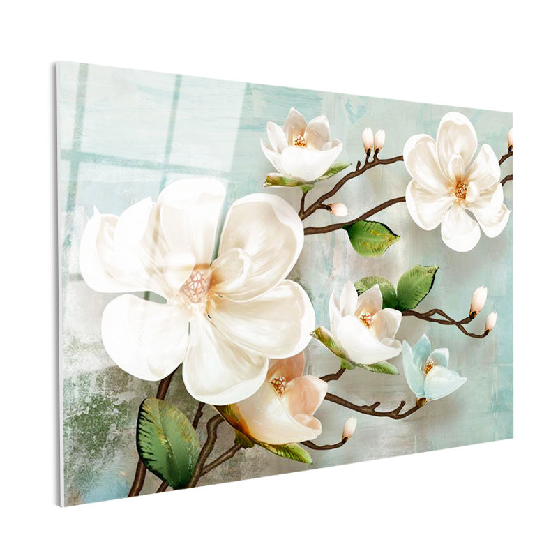 Tamperli Gerçek Cam Tablo Kabartma Görünümlü Manolya Dalı Çiçek Tablosu Duvar Dekoru