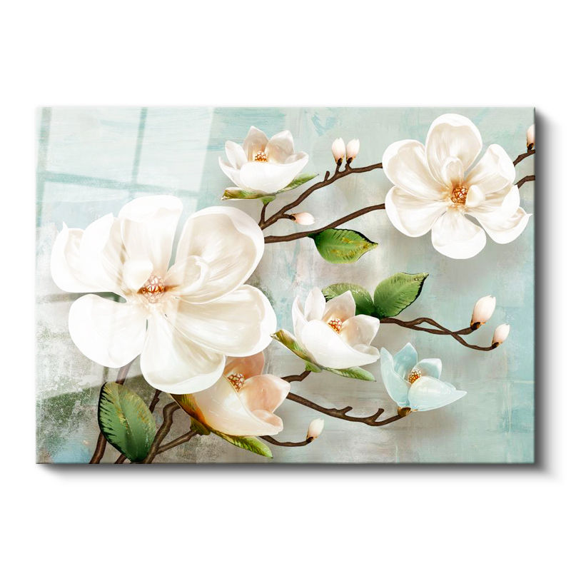 Tamperli Gerçek Cam Tablo Kabartma Görünümlü Manolya Dalı Çiçek Tablosu Duvar Dekoru