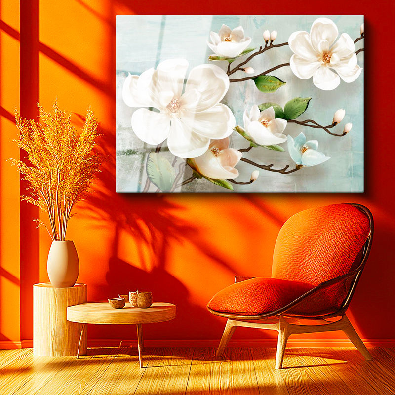 Tamperli Gerçek Cam Tablo Kabartma Görünümlü Manolya Dalı Çiçek Tablosu Duvar Dekoru