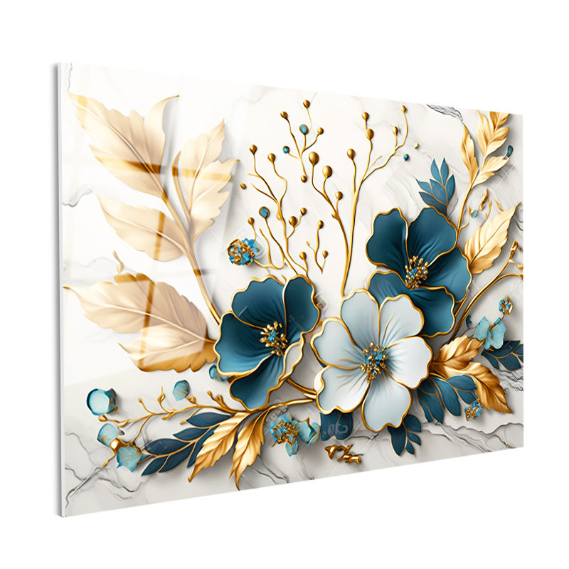 Tamperli Gerçek Cam Tablo Yaprak Detaylı Çiçek Motifi Çiçek Tablosu Duvar Dekoru