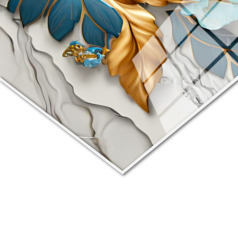 Tamperli Gerçek Cam Tablo Yaprak Detaylı Çiçek Motifi Çiçek Tablosu Duvar Dekoru