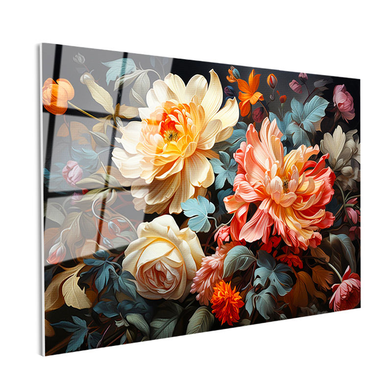 Tamperli Gerçek Cam Tablo Yoğun Çiçek Aranjmanı Çiçek Tablosu Duvar Dekoru