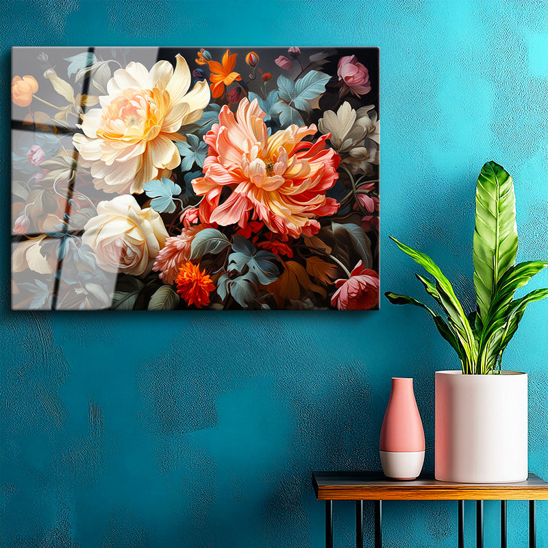 Tamperli Gerçek Cam Tablo Yoğun Çiçek Aranjmanı Çiçek Tablosu Duvar Dekoru