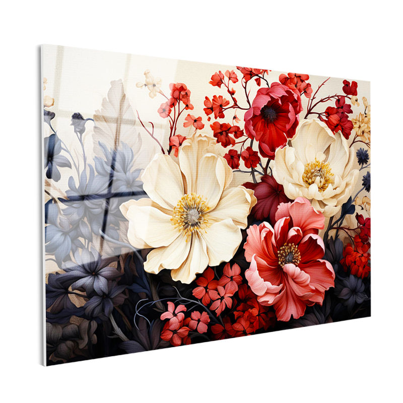 Tamperli Gerçek Cam Tablo Çoklu Çiçek Kompozisyonu Çiçek Tablosu Duvar Dekoru