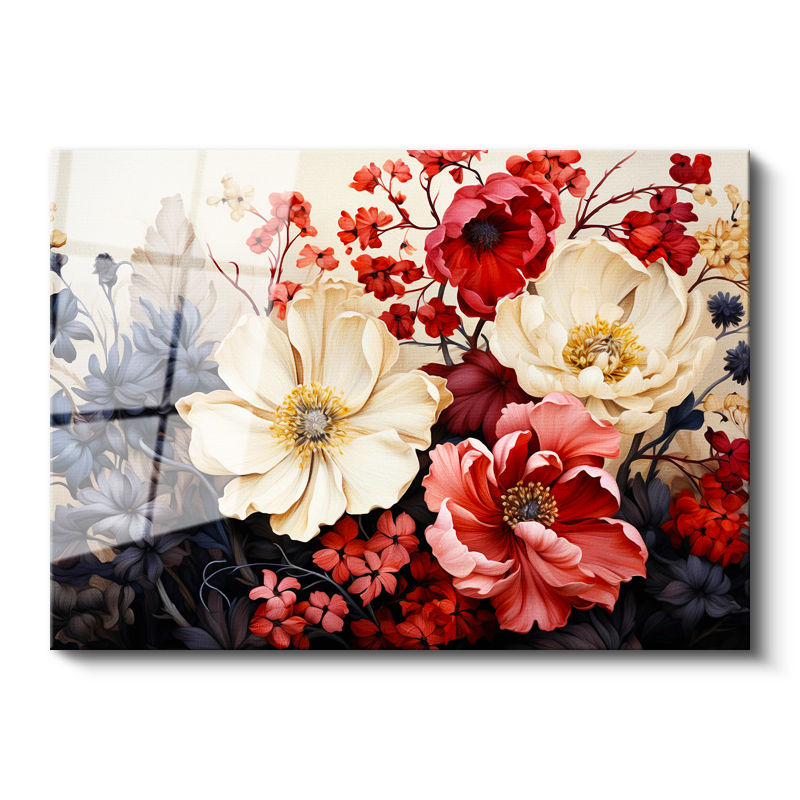 Tamperli Gerçek Cam Tablo Çoklu Çiçek Kompozisyonu Çiçek Tablosu Duvar Dekoru