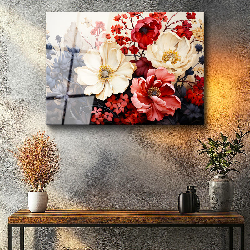 Tamperli Gerçek Cam Tablo Çoklu Çiçek Kompozisyonu Çiçek Tablosu Duvar Dekoru