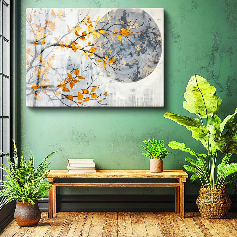 Tamperli Gerçek Cam Tablo Dallı Yaprak Vurgulu Çiçek Çiçek Tablosu Duvar Dekoru