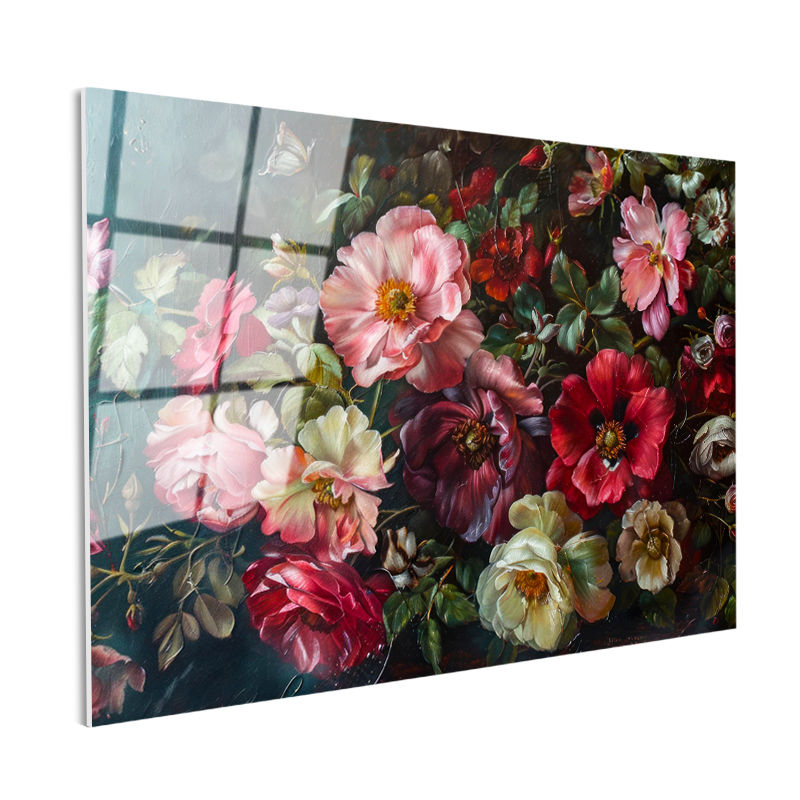 Tamperli Gerçek Cam Tablo Yoğun Çiçek Kompozisyonu Çiçek Tablosu Duvar Dekoru