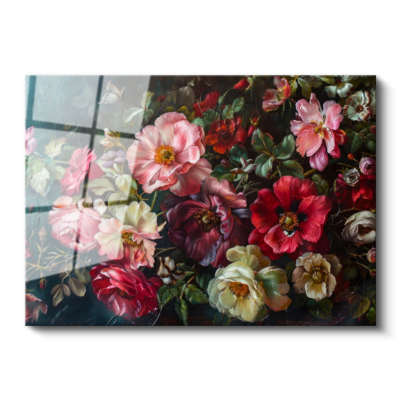 Tamperli Gerçek Cam Tablo Yoğun Çiçek Kompozisyonu Çiçek Tablosu Duvar Dekoru