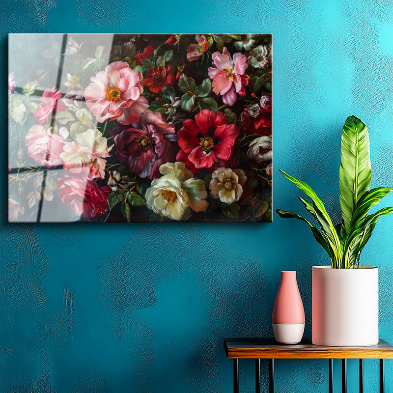 Tamperli Gerçek Cam Tablo Yoğun Çiçek Kompozisyonu Çiçek Tablosu Duvar Dekoru