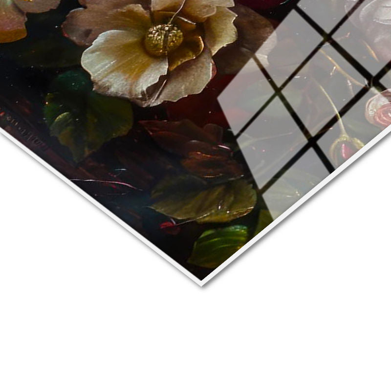 Tamperli Gerçek Cam Tablo Yoğun Çiçek Kompozisyonu Çiçek Tablosu Duvar Dekoru