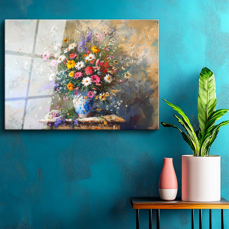 Tamperli Gerçek Cam Tablo Vazolu Çiçek Aranjmanı Çiçek Tablosu Duvar Dekoru