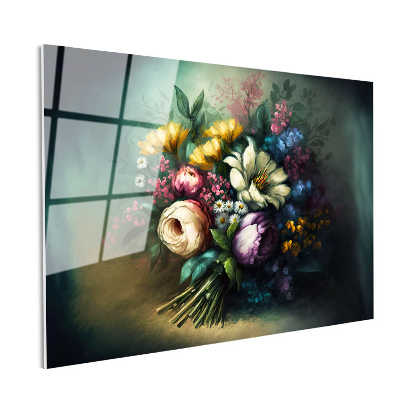 Tamperli Gerçek Cam Tablo Buket Formlu Çiçek Kompozisyonu Çiçek Tablosu Duvar Dekoru
