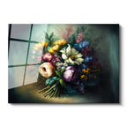 Tamperli Gerçek Cam Tablo Buket Formlu Çiçek Kompozisyonu Çiçek Tablosu Duvar Dekoru