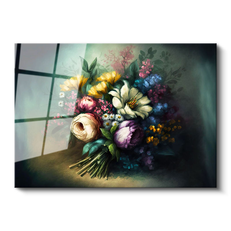 Tamperli Gerçek Cam Tablo Buket Formlu Çiçek Kompozisyonu Çiçek Tablosu Duvar Dekoru