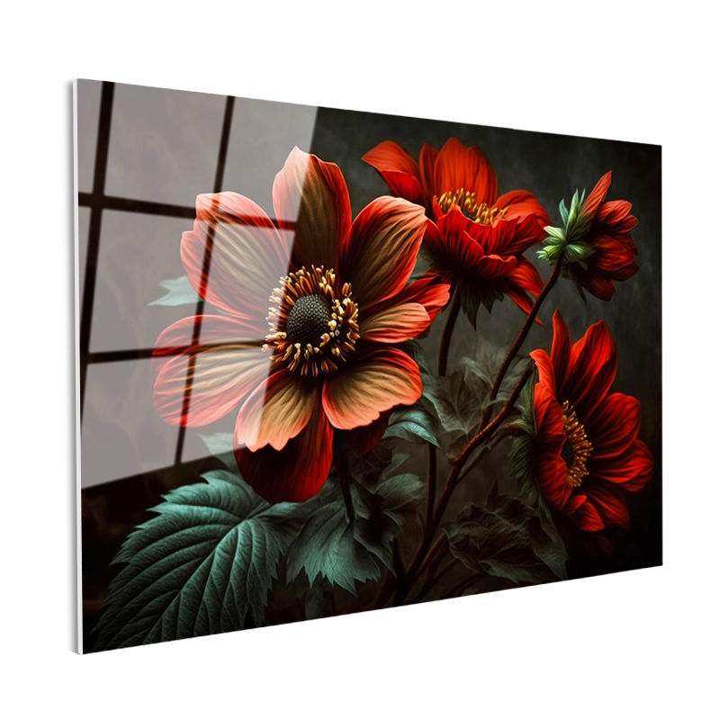 Tamperli Gerçek Cam Tablo Büyük Yapraklı Çiçek Detayı Çiçek Tablosu Duvar Dekoru
