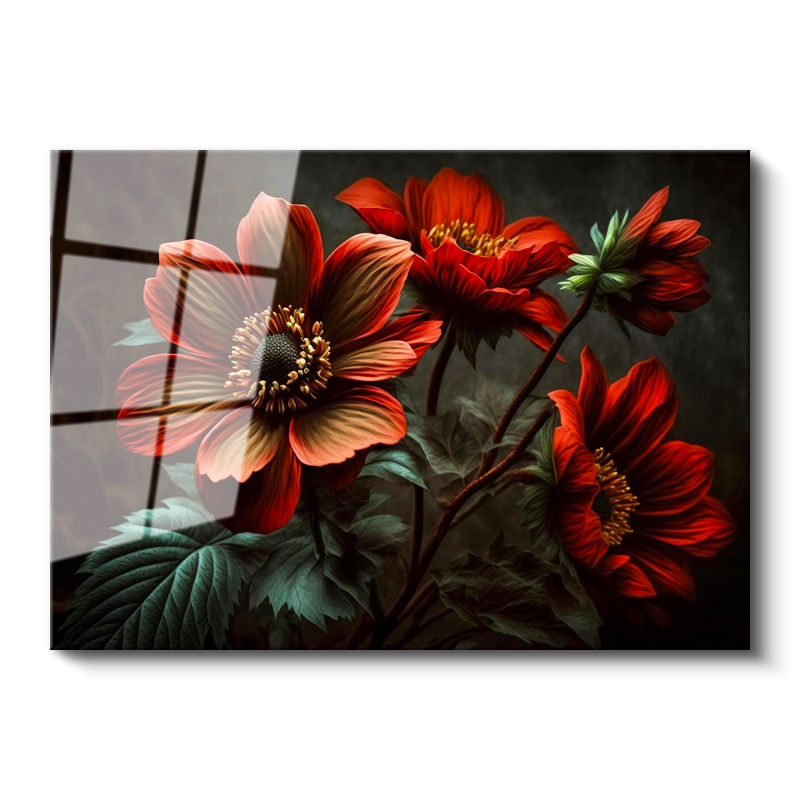 Tamperli Gerçek Cam Tablo Büyük Yapraklı Çiçek Detayı Çiçek Tablosu Duvar Dekoru