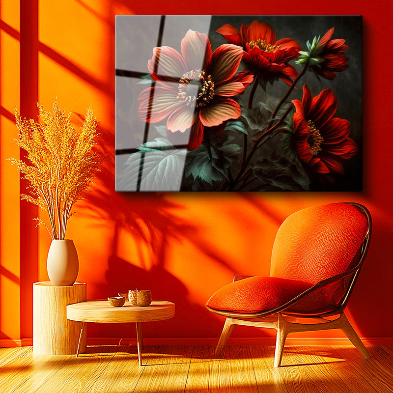 Tamperli Gerçek Cam Tablo Büyük Yapraklı Çiçek Detayı Çiçek Tablosu Duvar Dekoru