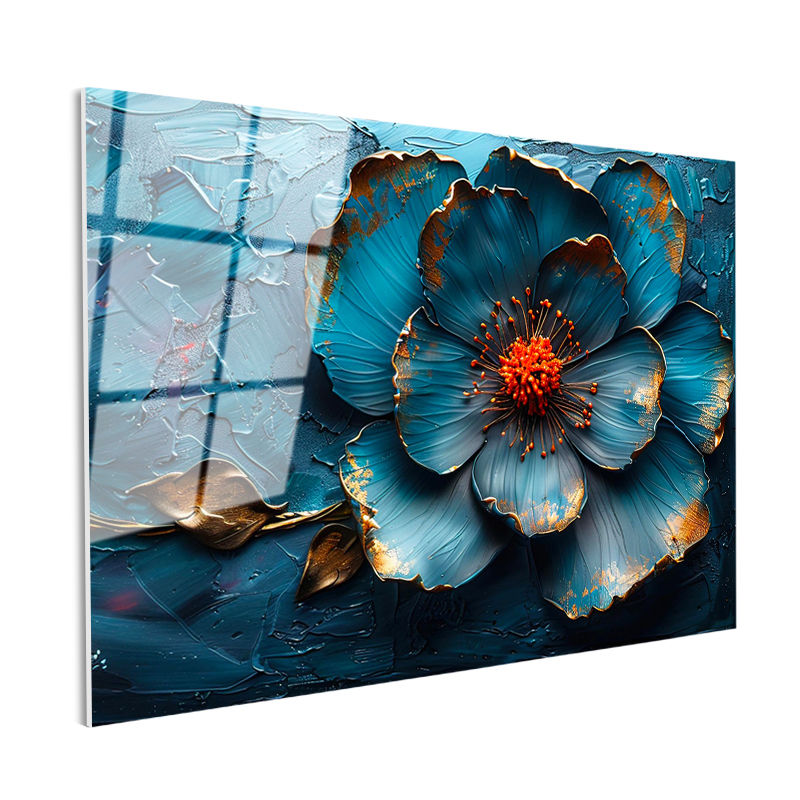 Tamperli Gerçek Cam Tablo Kabartma Görünümlü Mavi Çiçek Çiçek Tablosu Duvar Dekoru
