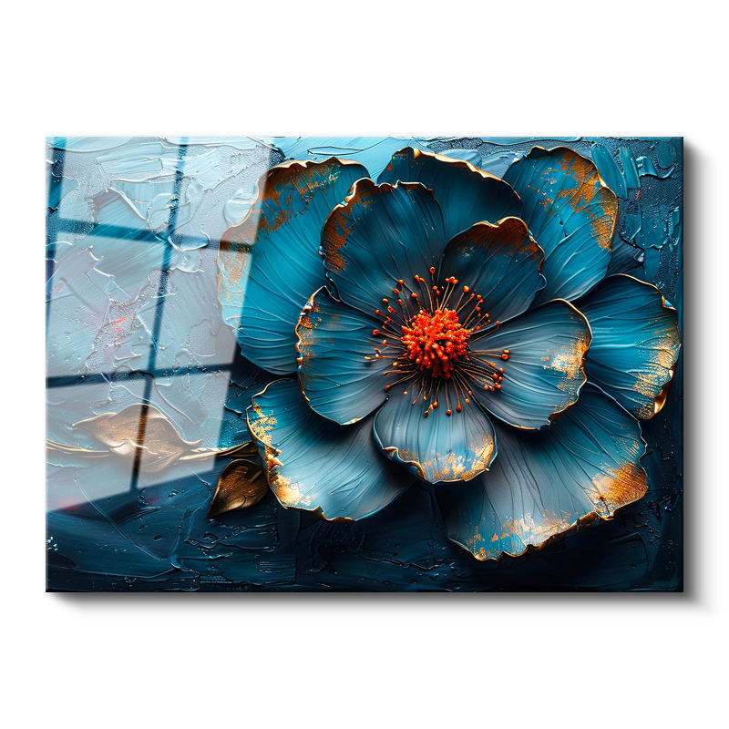 Tamperli Gerçek Cam Tablo Kabartma Görünümlü Mavi Çiçek Çiçek Tablosu Duvar Dekoru