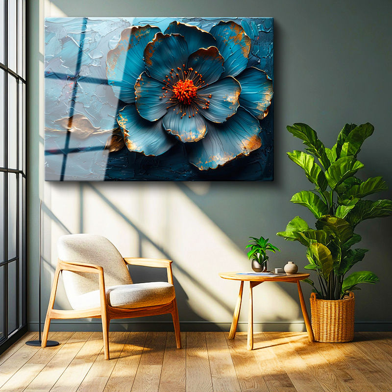 Tamperli Gerçek Cam Tablo Kabartma Görünümlü Mavi Çiçek Çiçek Tablosu Duvar Dekoru
