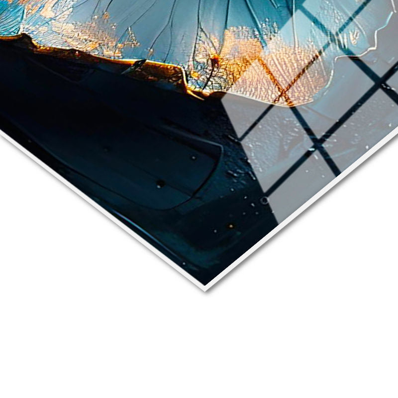 Tamperli Gerçek Cam Tablo Kabartma Görünümlü Mavi Çiçek Çiçek Tablosu Duvar Dekoru